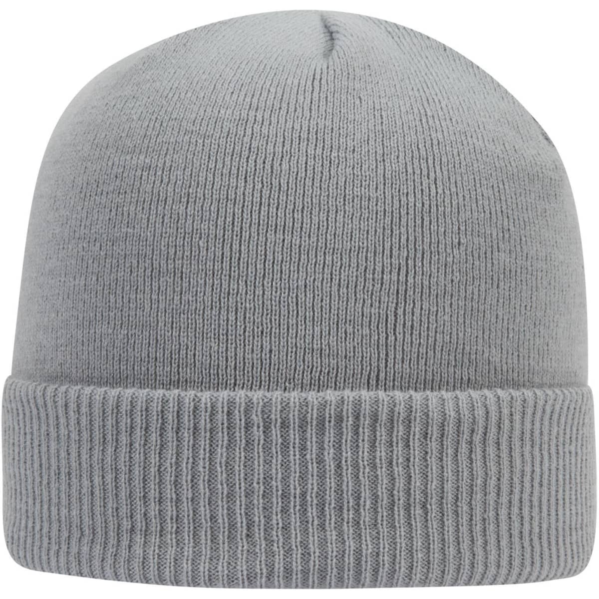 A grey knit beanie featuring a ribbed cuff and a logo on one side.