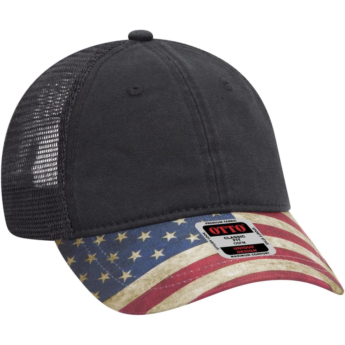A low profile trucker cap featuring a black mesh back and a brim adorned with an American flag design.