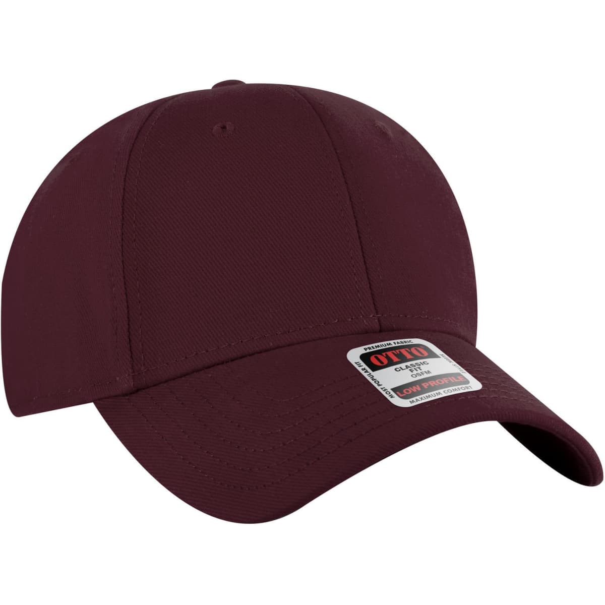 A burgundy 6-panel low profile baseball cap featuring a logo on the front.