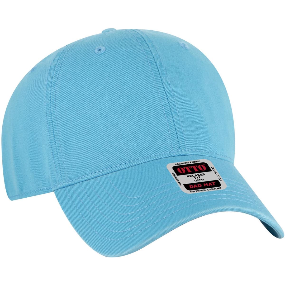 A light blue 6-panel low profile dad cap with a branded label on the front.