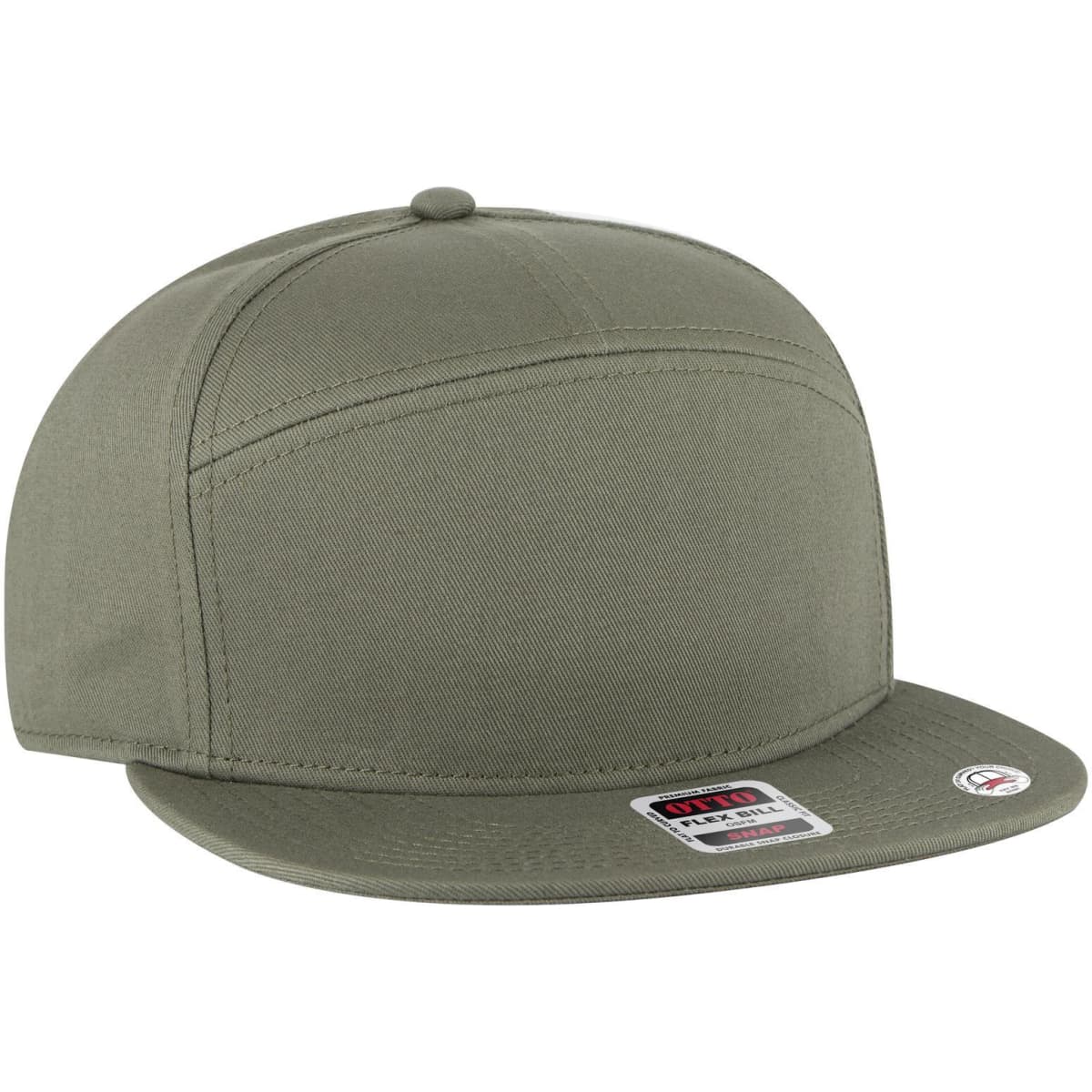A 7 panel mid-profile snapback cap in olive green with a branding label on the side.