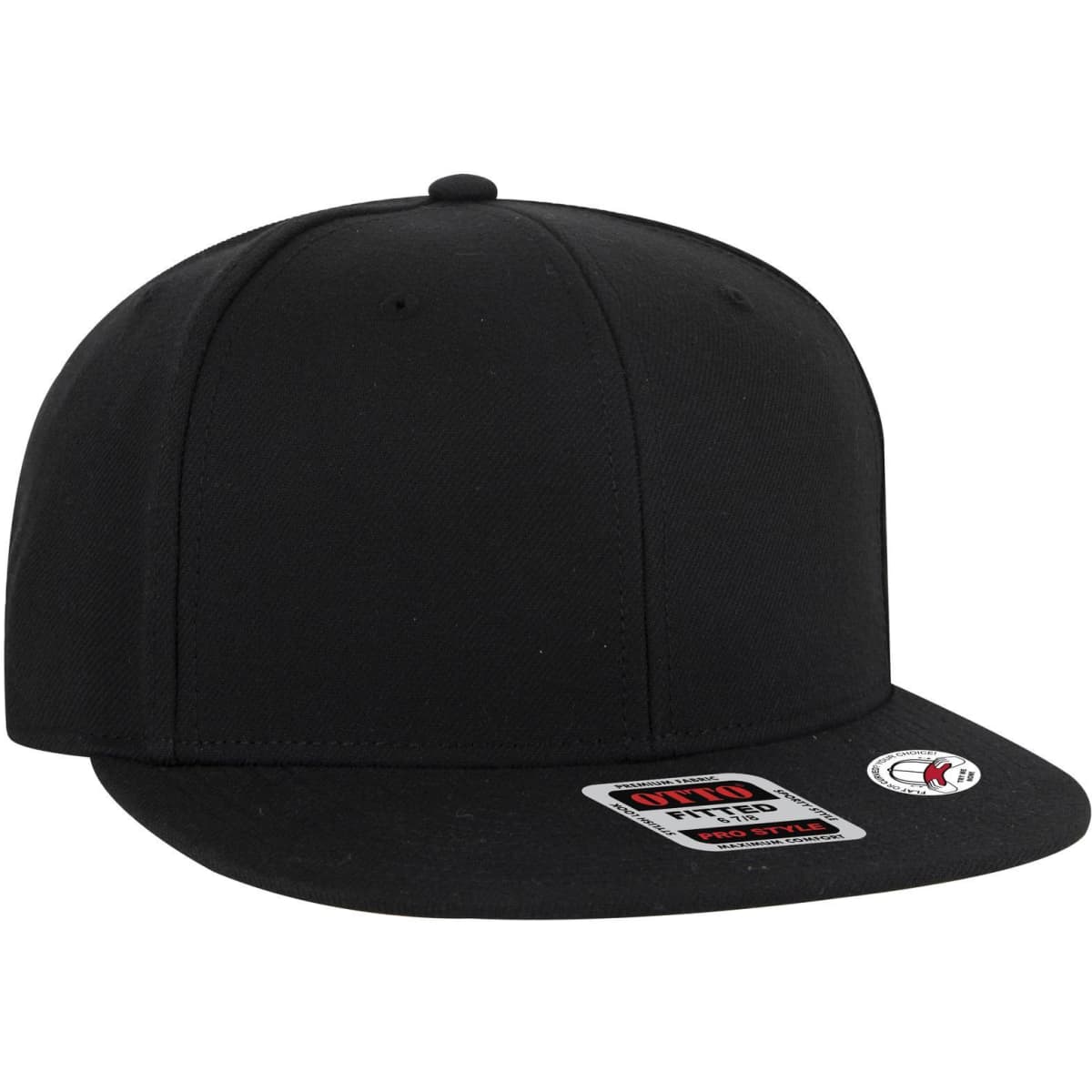 A black fitted cap with a flat brim and a logo on the side, showcasing a clean, minimalist design.