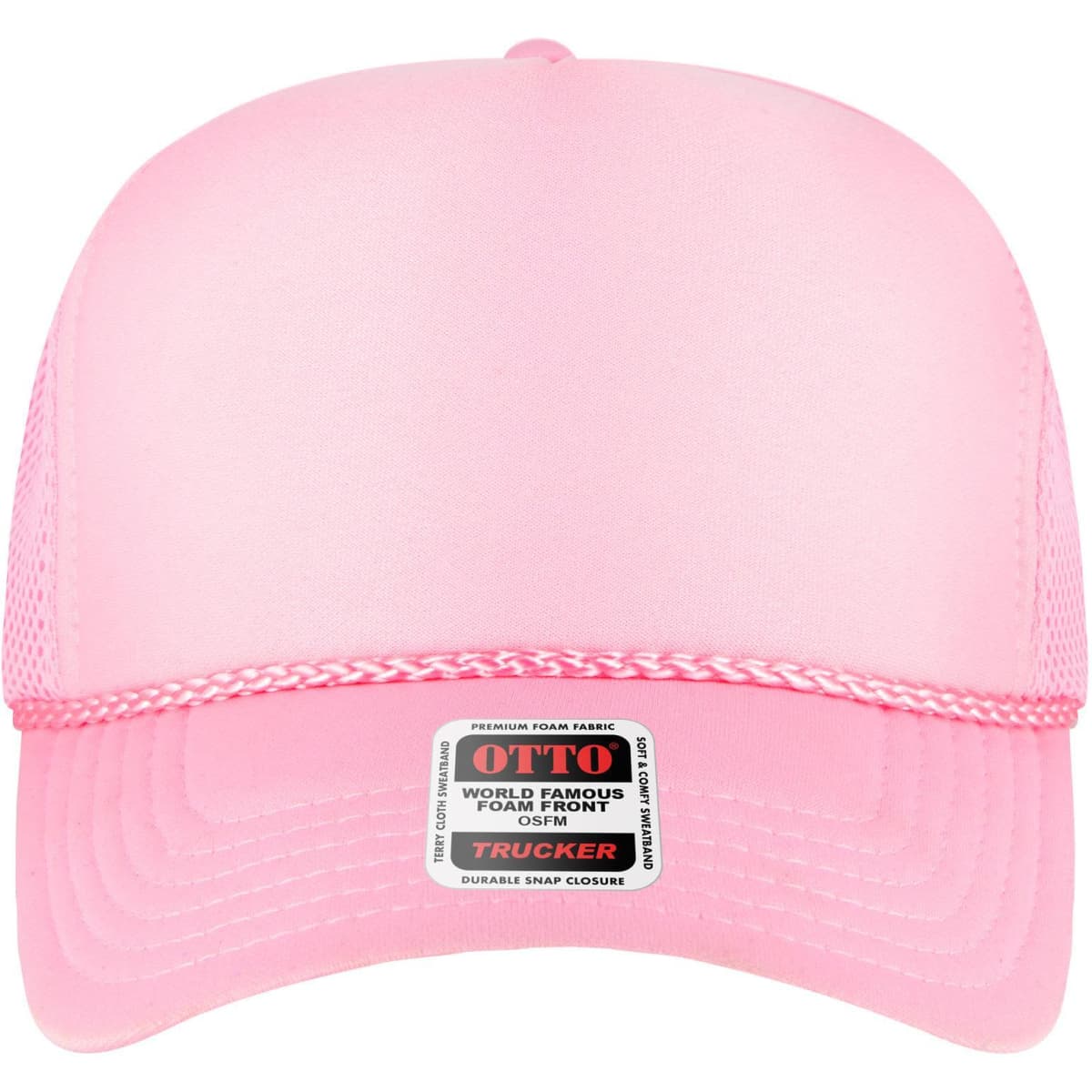 A pink 5-panel high crown trucker hat with a mesh back and a logo on the front.