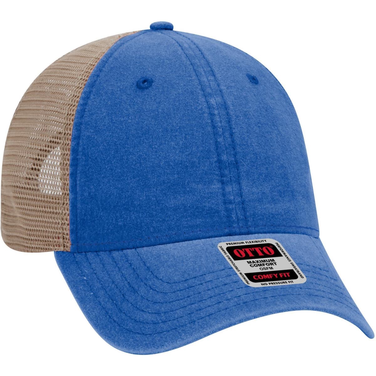 A blue trucker cap with a low profile and a tan mesh back, featuring a logo on the front.
