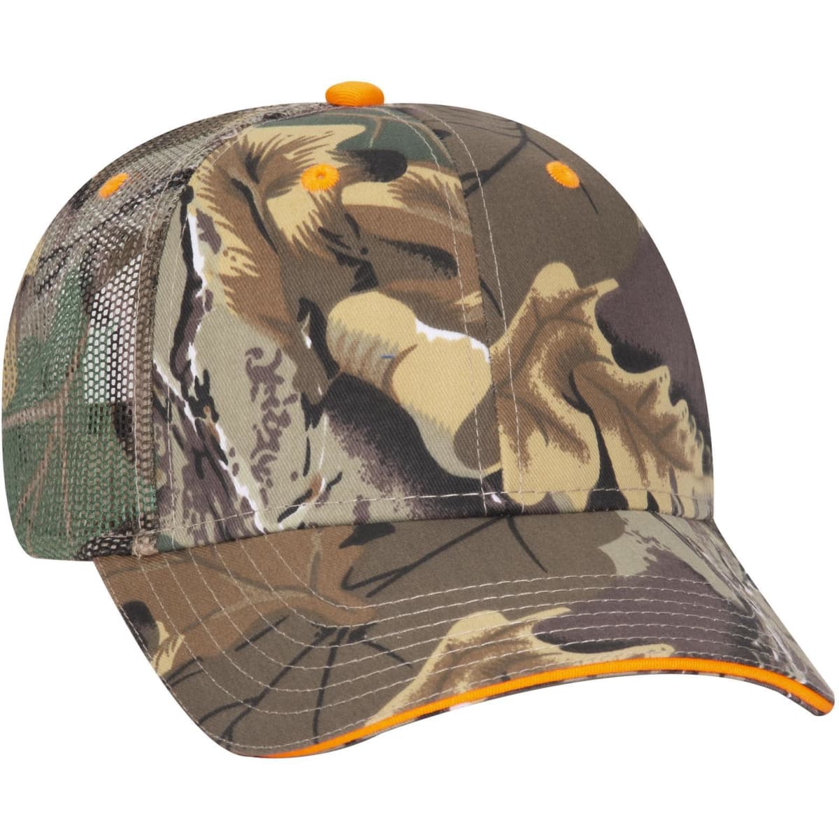 A camo 6 panel low profile trucker cap in various shades of green and brown, featuring orange accents and a logo.