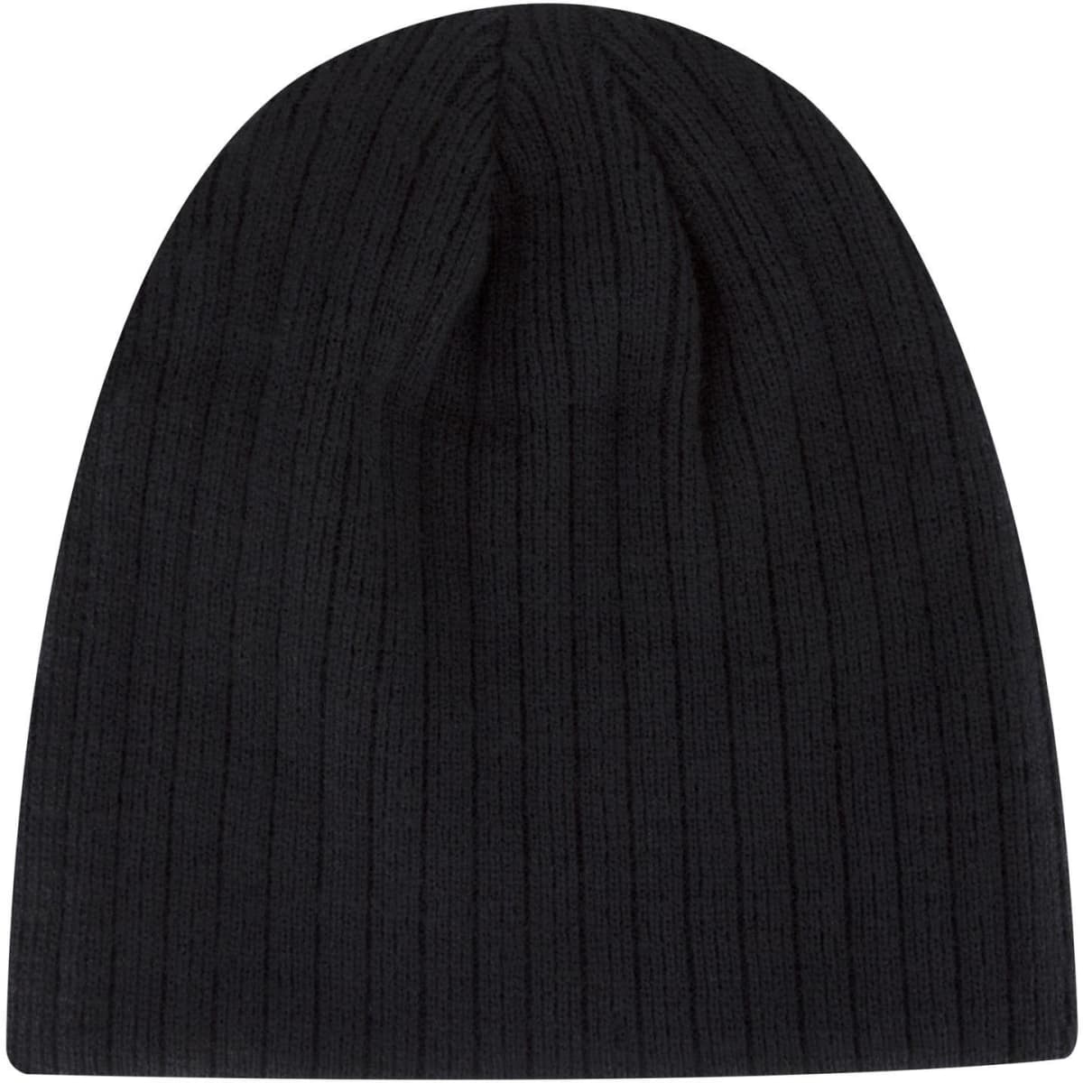 A black fine knit beanie with a ribbed texture and a logo on the side.