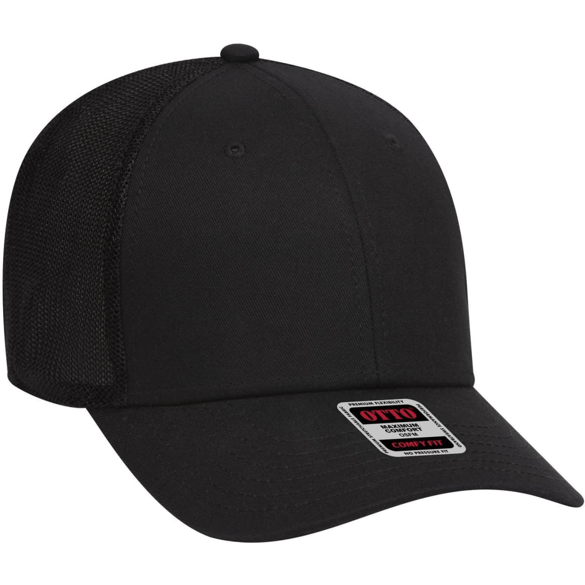 A black six-panel low profile baseball cap with a mesh back and an attached logo.