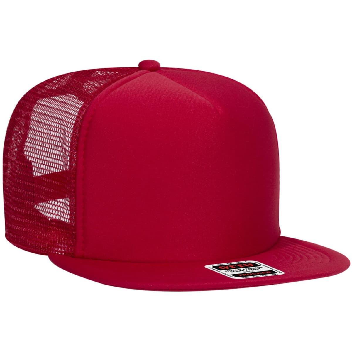 A red 5 panel high crown trucker cap with mesh sides and a flat brim, featuring a logo or branding.