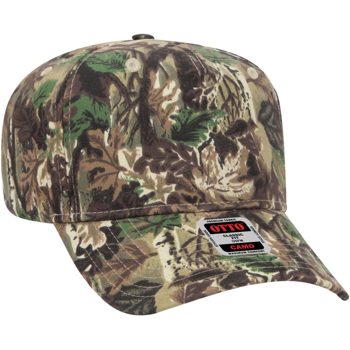 A camo-patterned 5-panel mid-profile cap featuring various shades of green, brown, and tan, with a logo on the side.