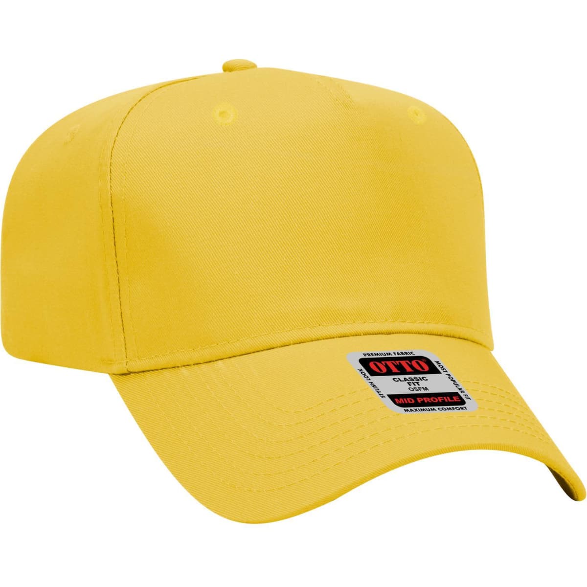 A yellow 5-panel mid crown baseball cap featuring a logo on the front.