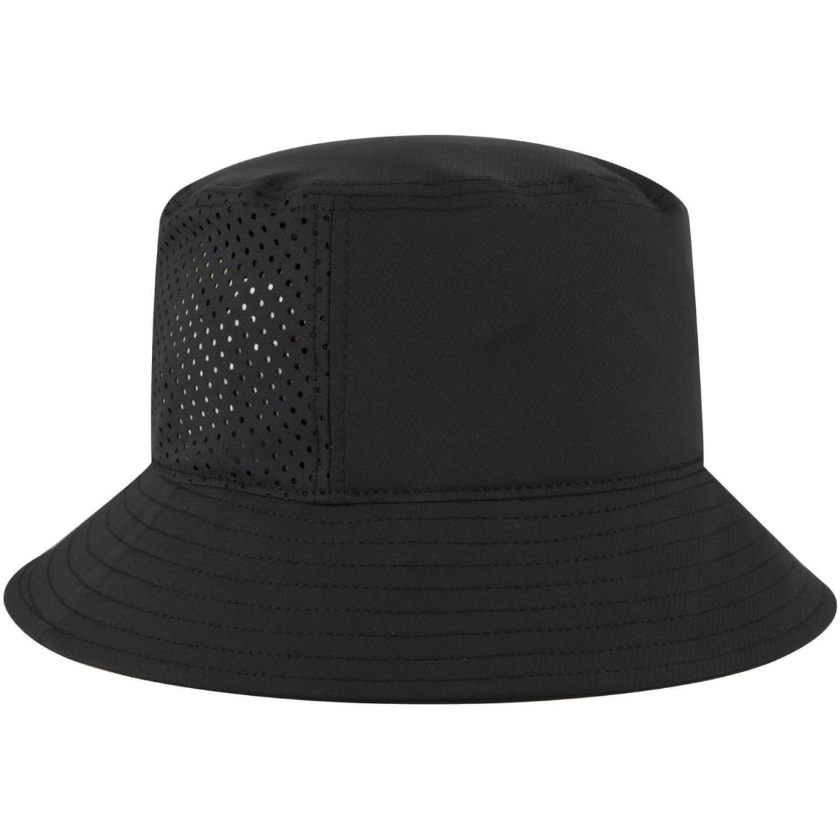 A black bucket hat with a perforated panel and a wide brim. It features a logo on the side.
