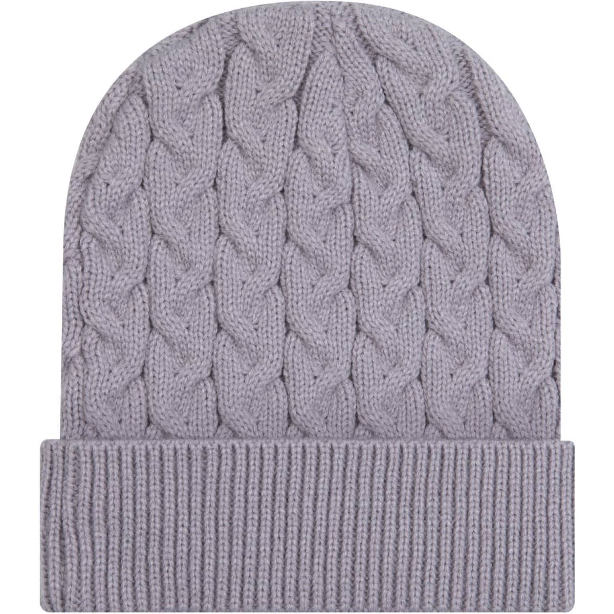 A lilac cable knit beanie featuring a rib knit cuff and an attached logo.