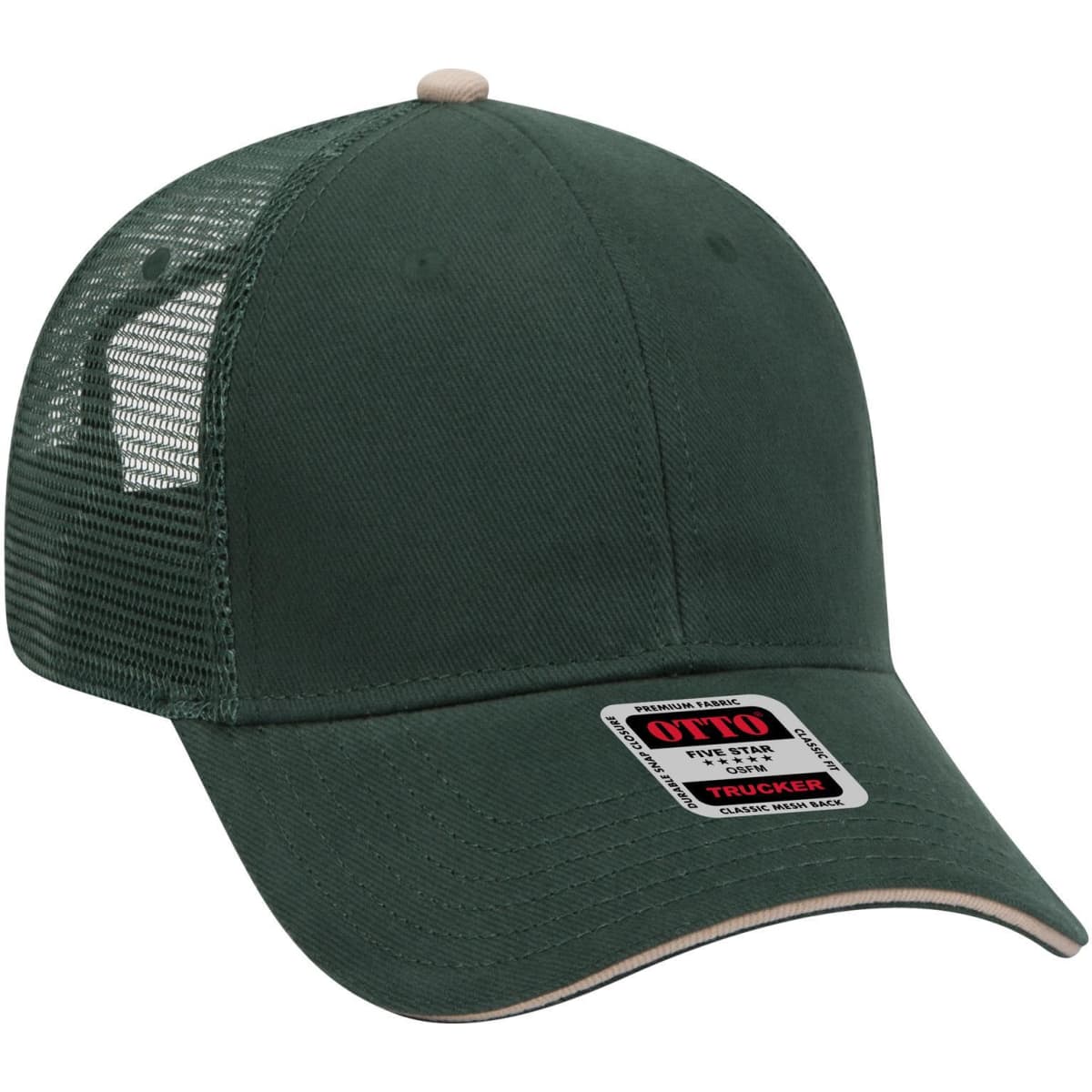 A green 6 panel low profile trucker cap with a mesh back and a small logo on the front.