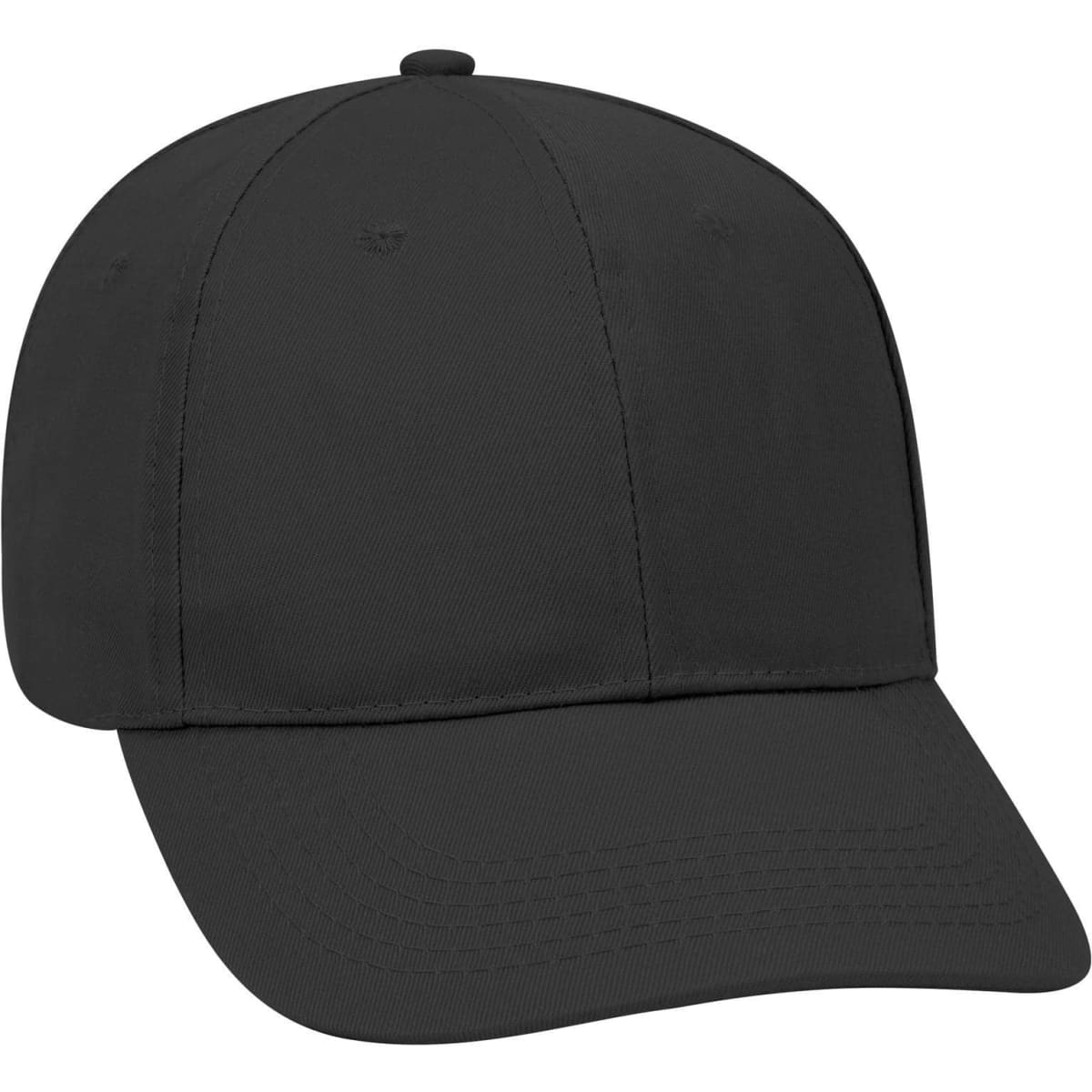 A black low-profile six-panel baseball cap featuring a curved brim and an emblem on the front.