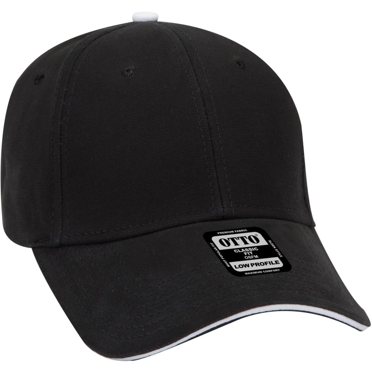 A black 6-panel low profile baseball cap with a white accent and a logo on the side.