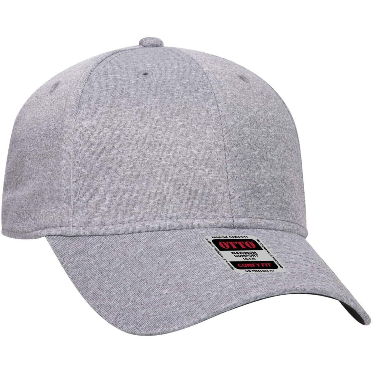 A grey low profile baseball cap with a six-panel design, featuring a logo on the front.