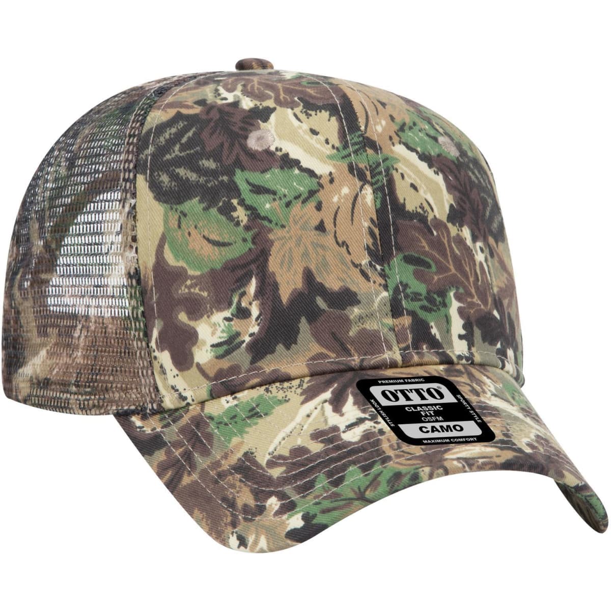 A camo patterned six-panel mid-profile trucker cap with mesh back and a logo on the front.