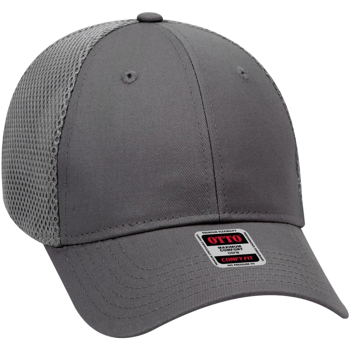 A grey low profile baseball cap featuring mesh panels and a logo. Ideal for casual wear.