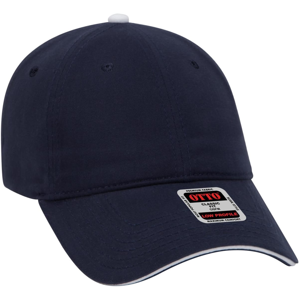 A navy blue low profile dad cap with a curved brim and a logo label on the front.