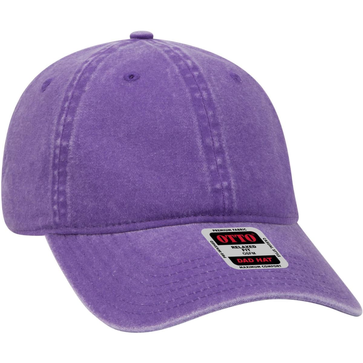 A purple six-panel low profile dad cap with a curved brim and a logo on the side.