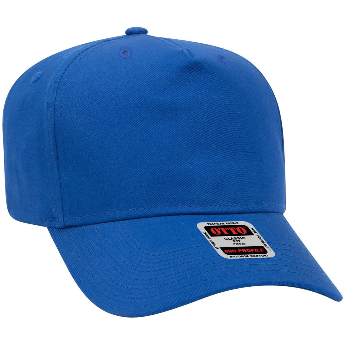 A blue 5 panel mid profile baseball cap with a logo on the front.