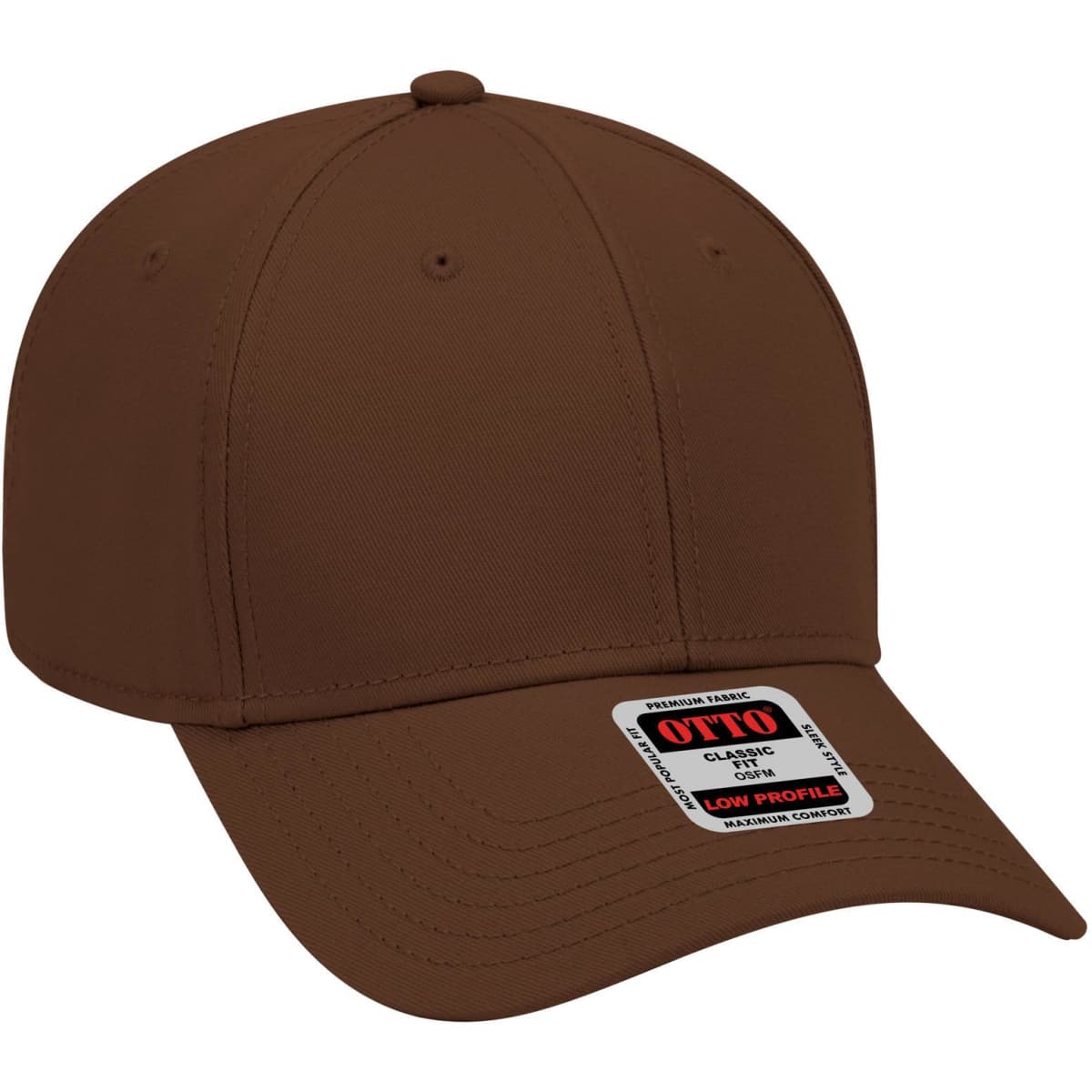A brown 6 panel low profile baseball cap with a branded label on the front.