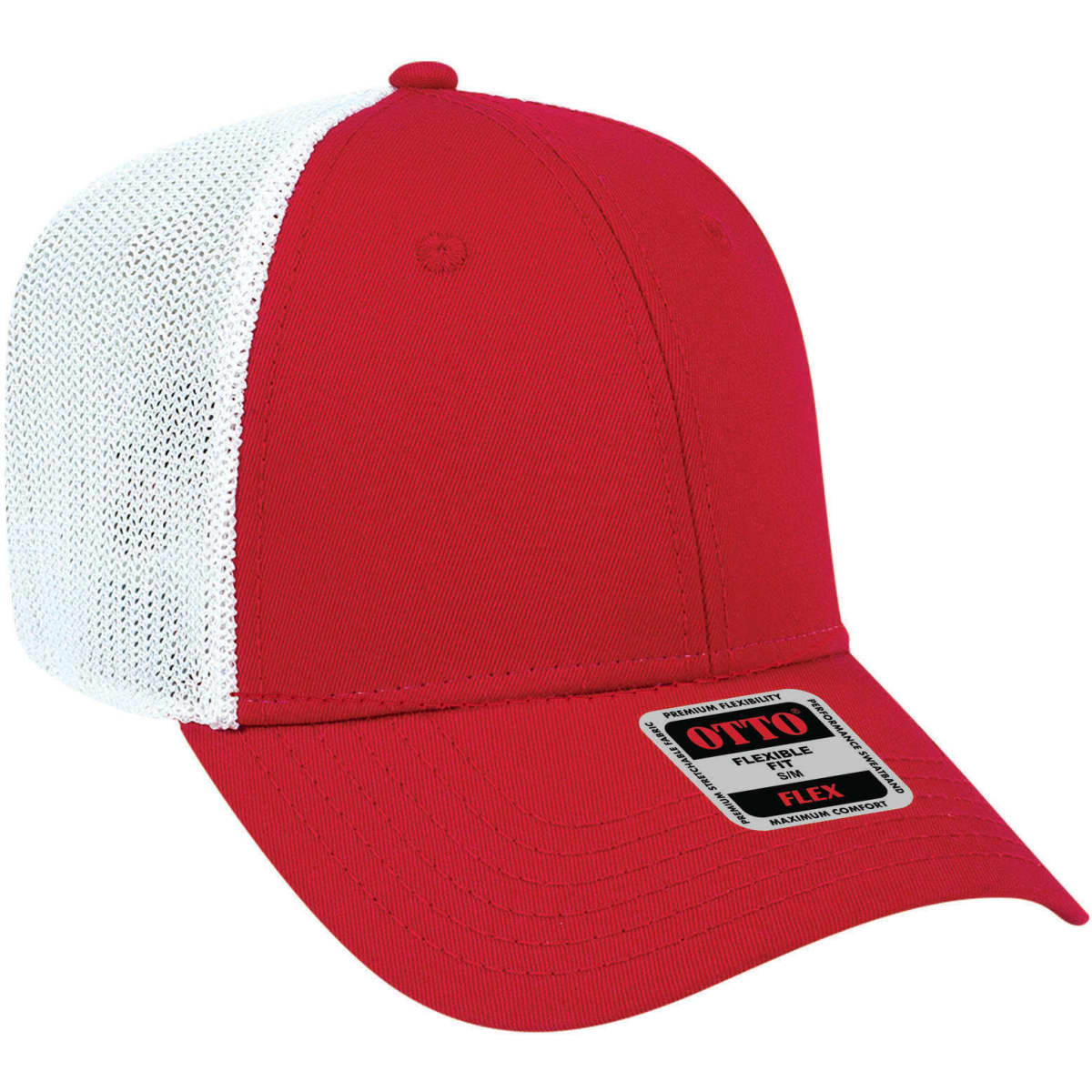 A red and white 6 panel low profile trucker cap featuring a logo on the front and a mesh back.
