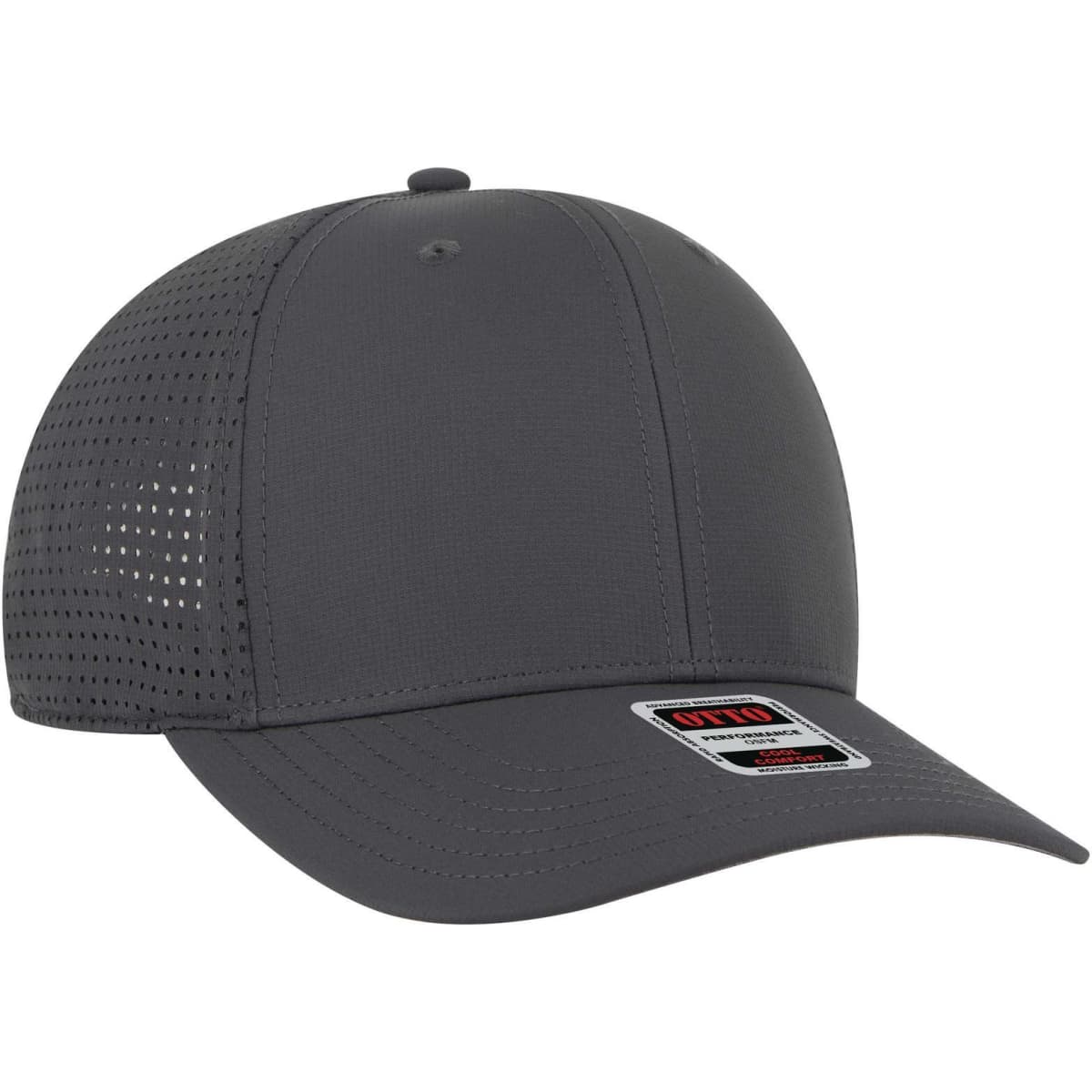 A grey 6 panel mid profile style baseball cap with a logo, featuring perforated detailing on the sides.
