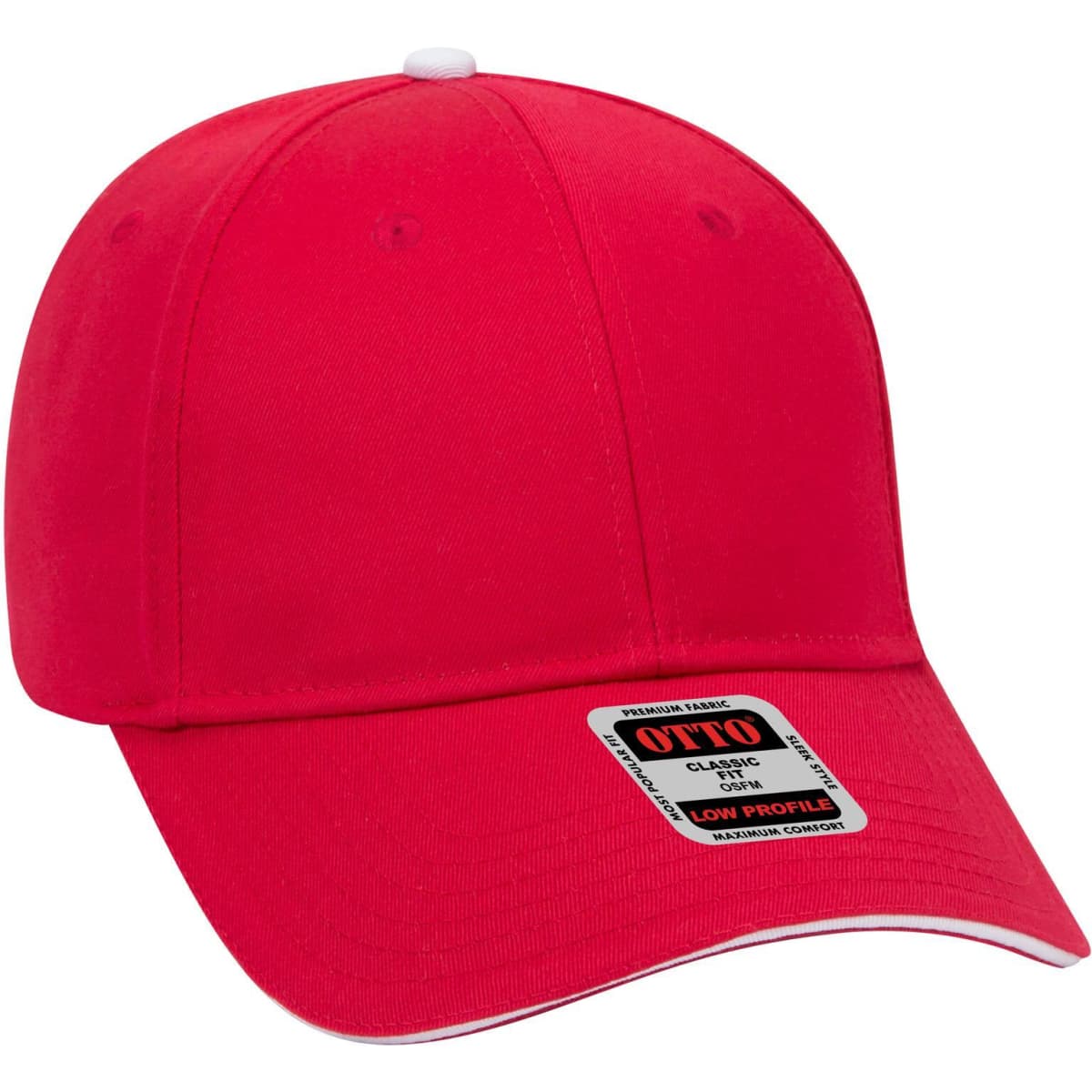 A red 6 panel low profile baseball cap with a white accent and a logo label on the front.
