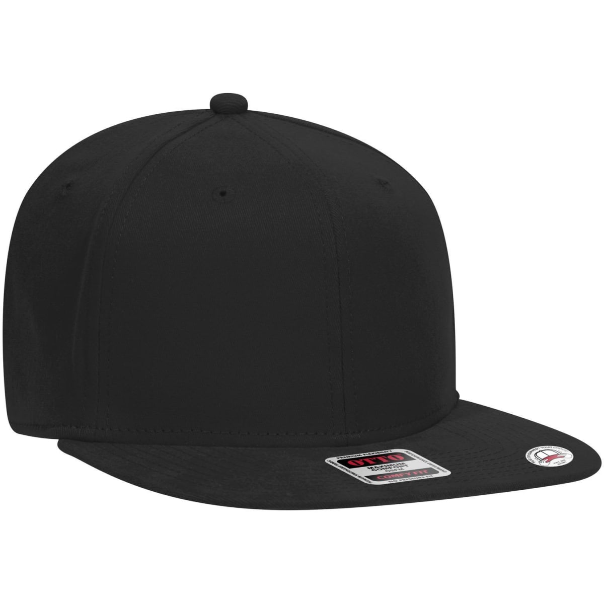 A black 6 panel mid-profile snapback cap with a structured design and a flat peak. It features a logo on the side.