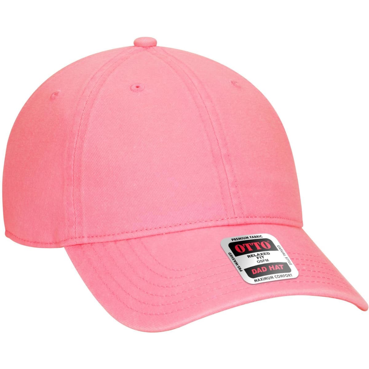 A pink six-panel low profile dad cap with a curved brim and branding on the tag.