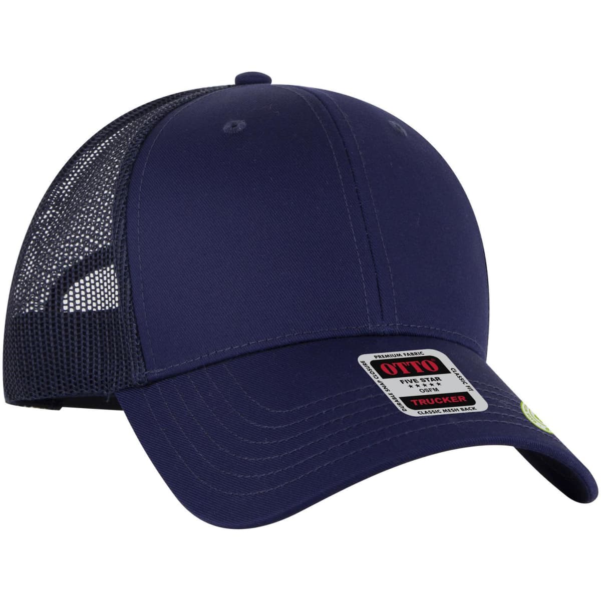 A navy low profile trucker cap with a mesh back and a logo on the front.