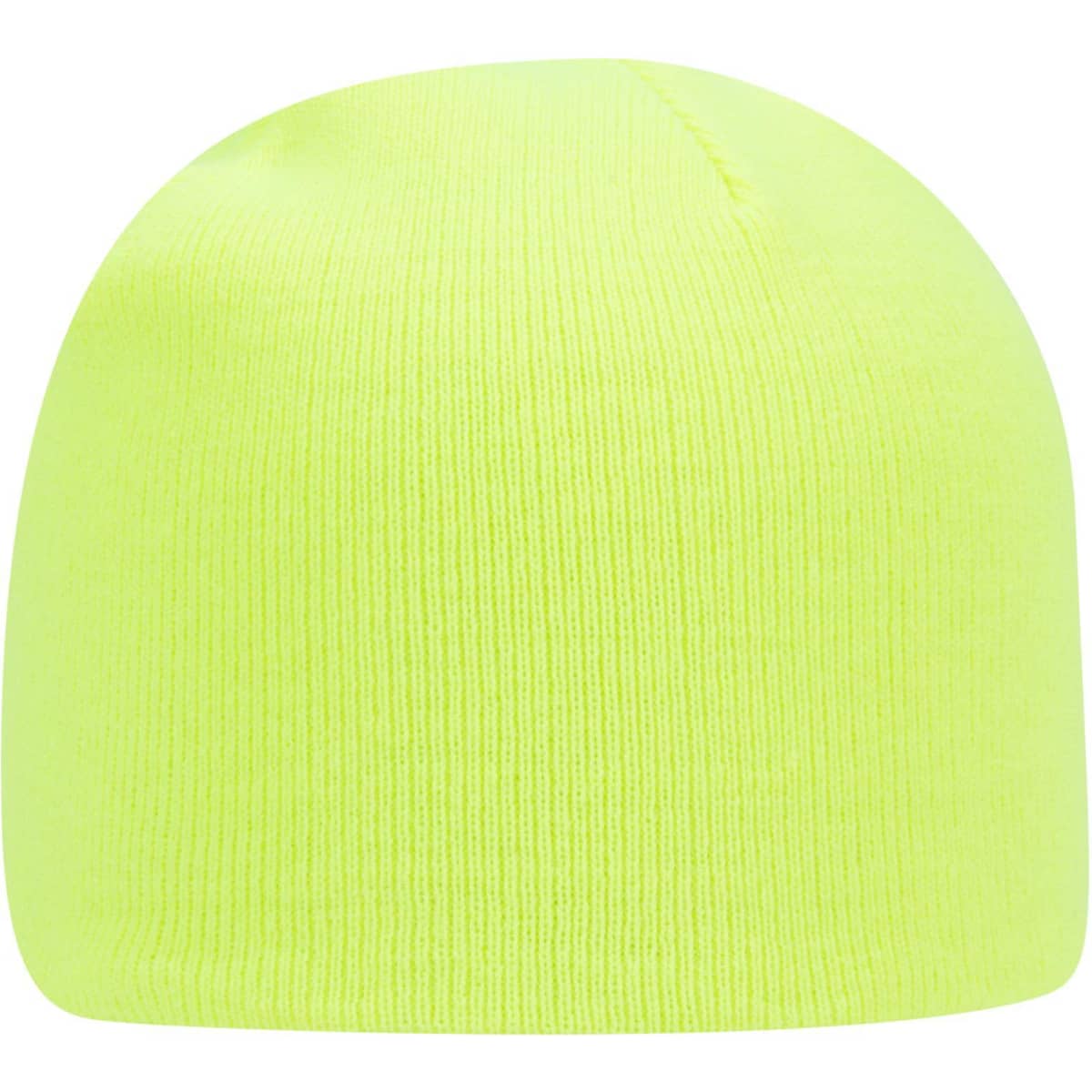 A classic knit beanie in bright yellow, featuring a simple design and ribbed texture. It has a logo on it.
