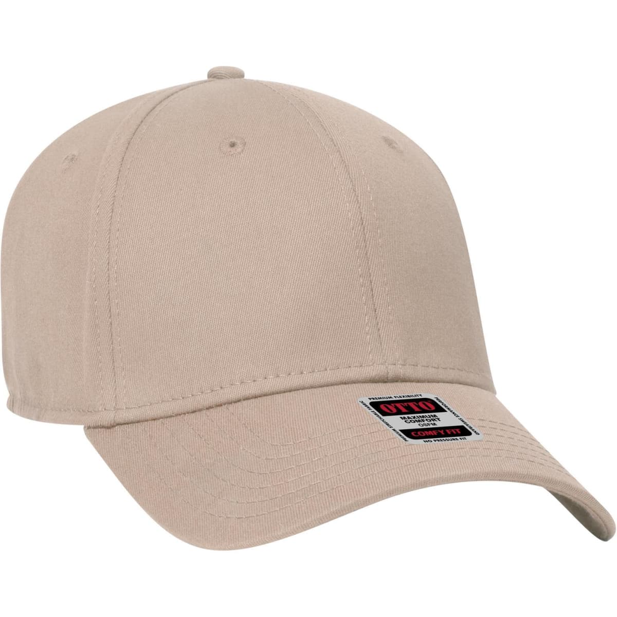 A beige six-panel low profile baseball cap with a logo on the front.