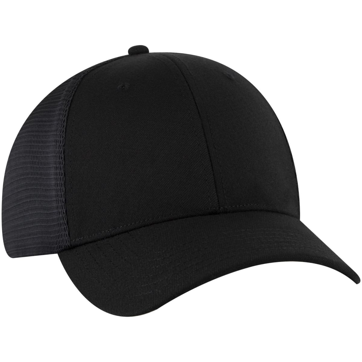 A black Flex Fit 6 Panel Low Profile Trucker Cap with a solid front and mesh sides, featuring a logo.
