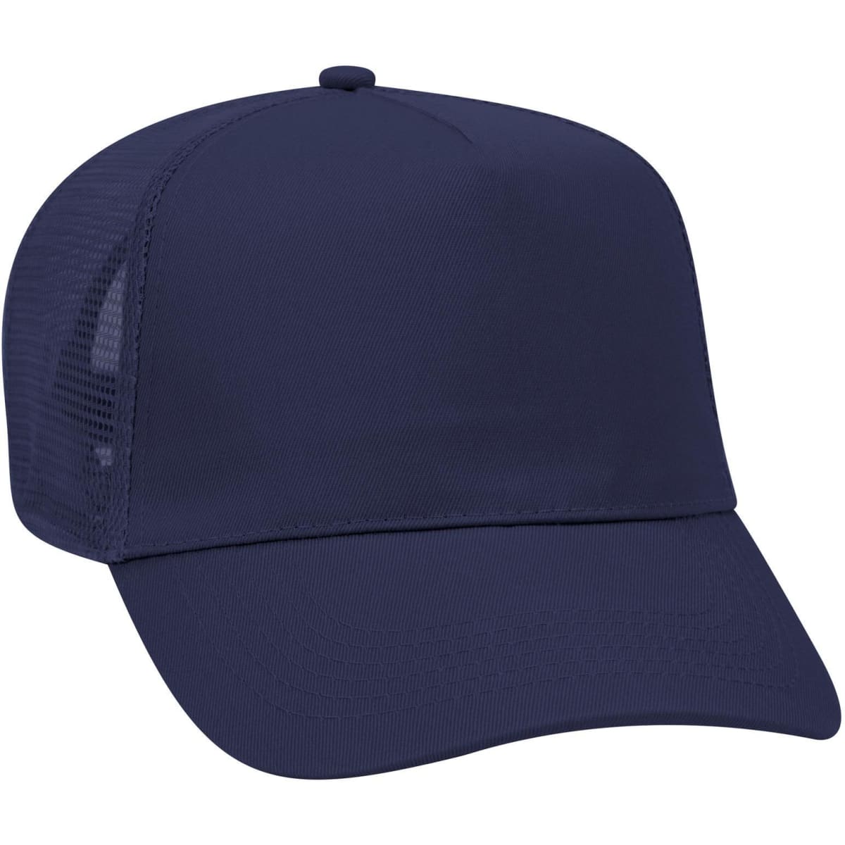 A navy blue 5 Panel Mid Profile Trucker Cap with a mesh back and a curved brim, featuring a logo.