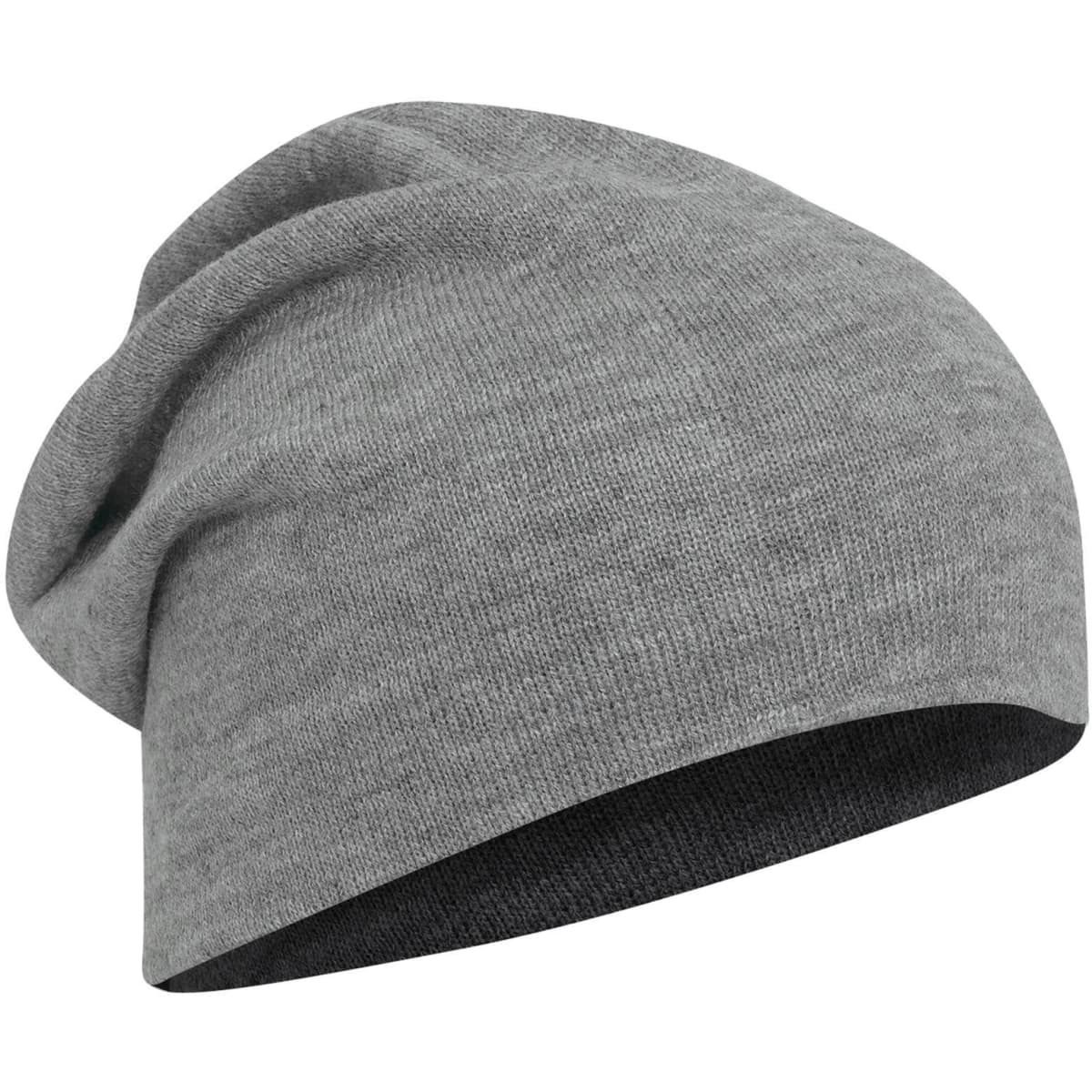 A slouch beanie in grey, featuring a contrasting black band. It has a soft, comfortable texture and a casual style.