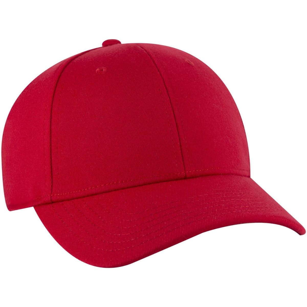 A red low profile baseball cap featuring six panels and a logo on the front.