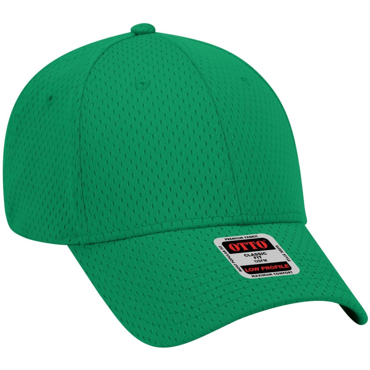 A green 6 panel low profile baseball cap with a breathable mesh design and a logo label on the front.