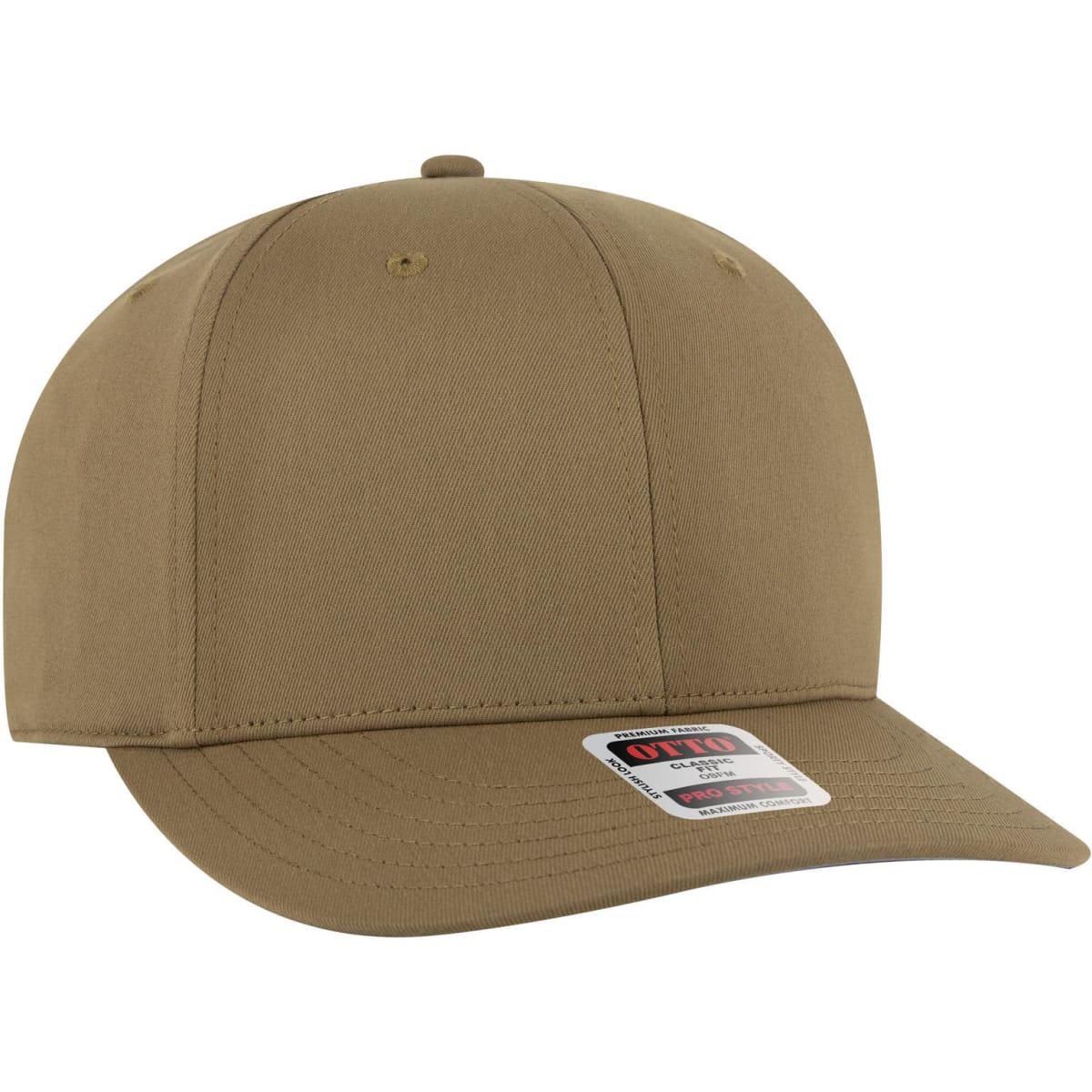 A tan 6-panel snapback hat featuring a structured design and a logo on the front.