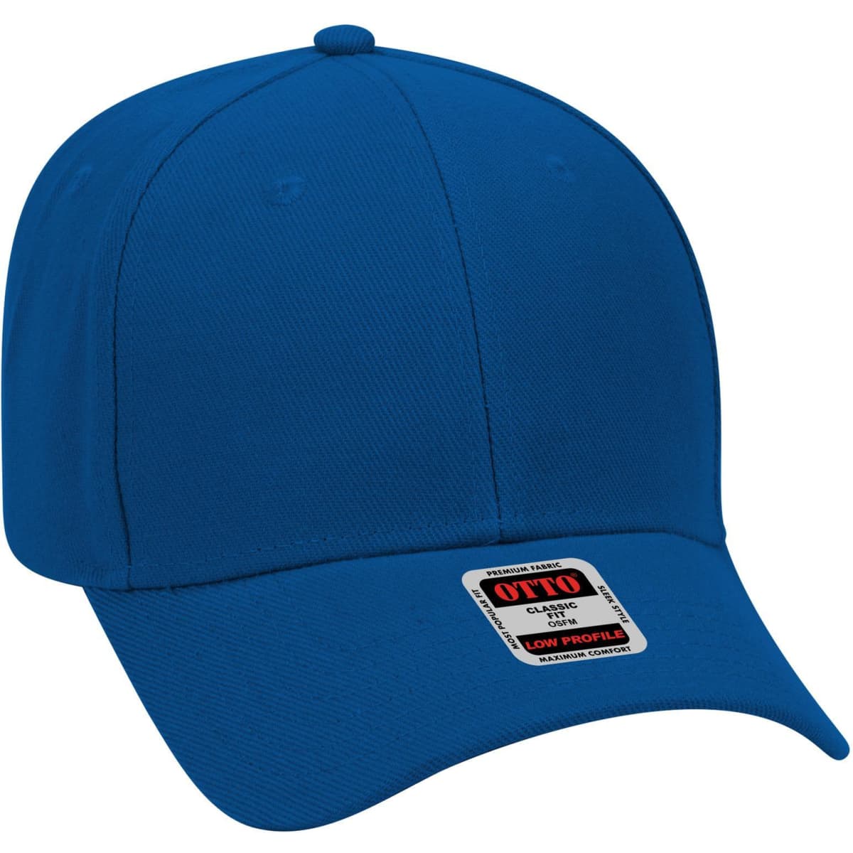 A blue 6-panel low profile baseball cap with a logo on the front.