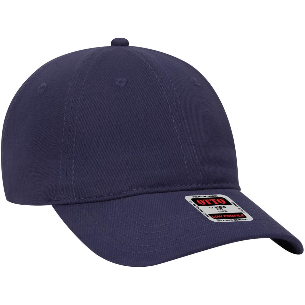 A navy 6 panel low profile baseball dad cap featuring a logo on the front.