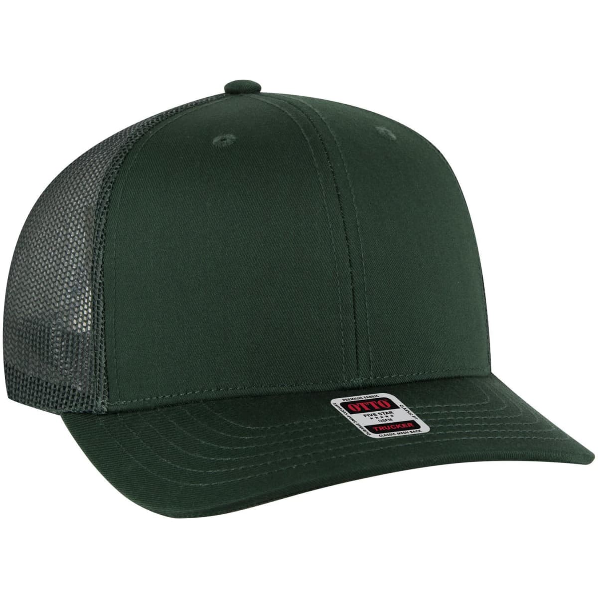A dark green 6 panel mid profile trucker cap with a mesh back and a branded label on the front.