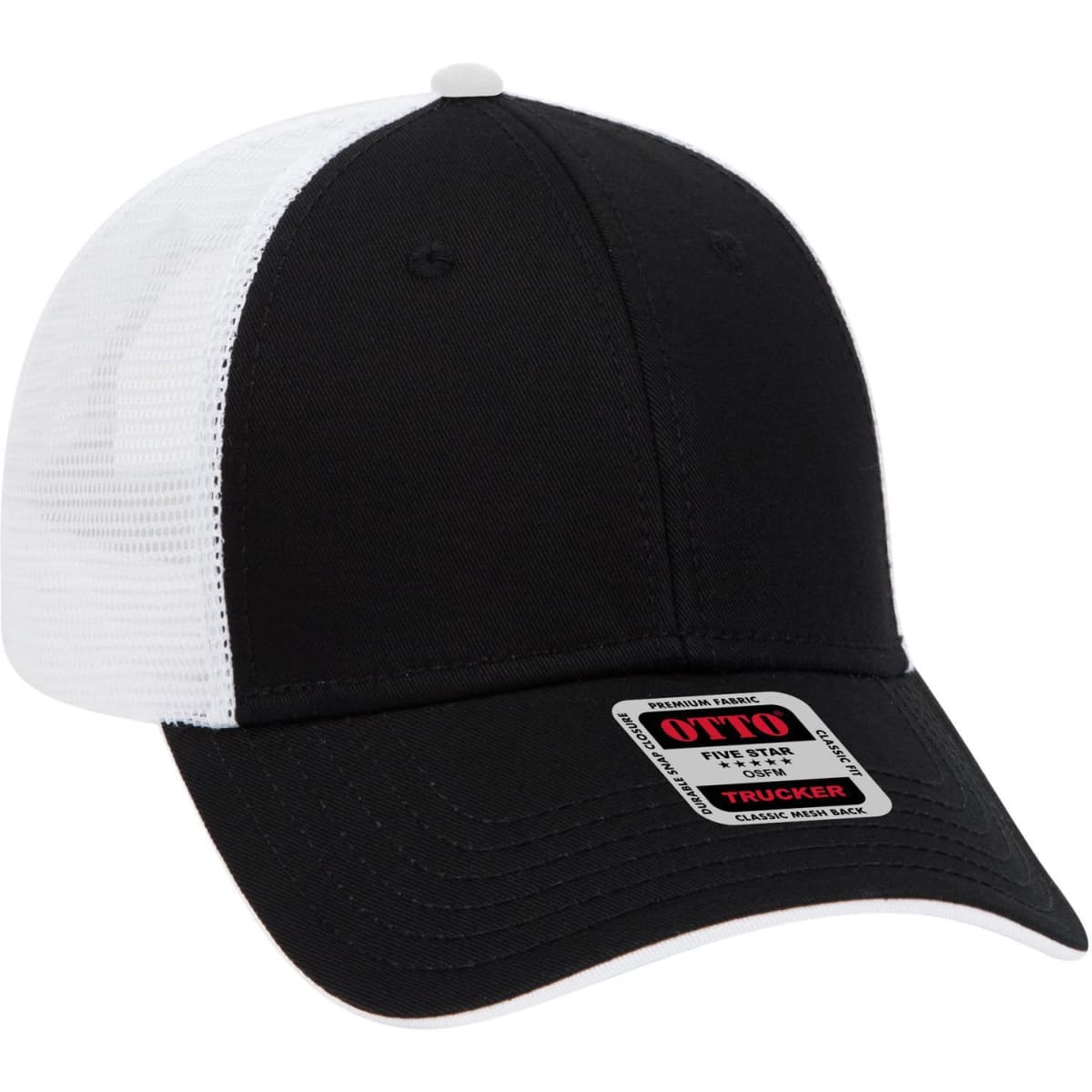 A low profile 6-panel trucker cap in black with a white mesh back and a logo on the front.