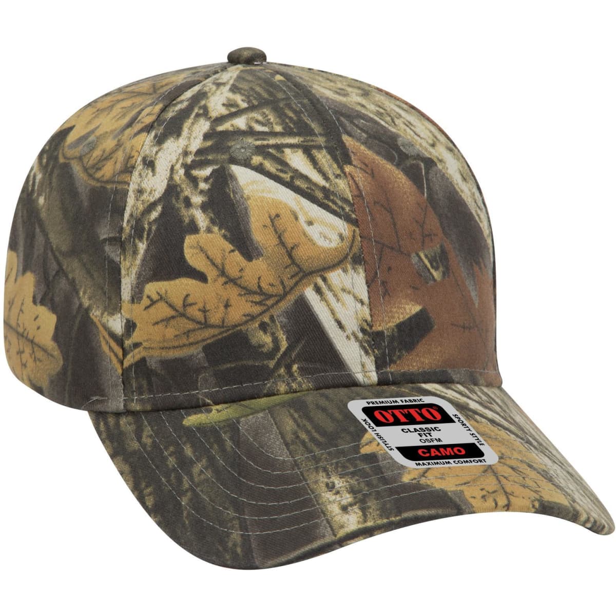 A camouflage 6-panel low profile baseball cap featuring earthy tones and a logo on the side.