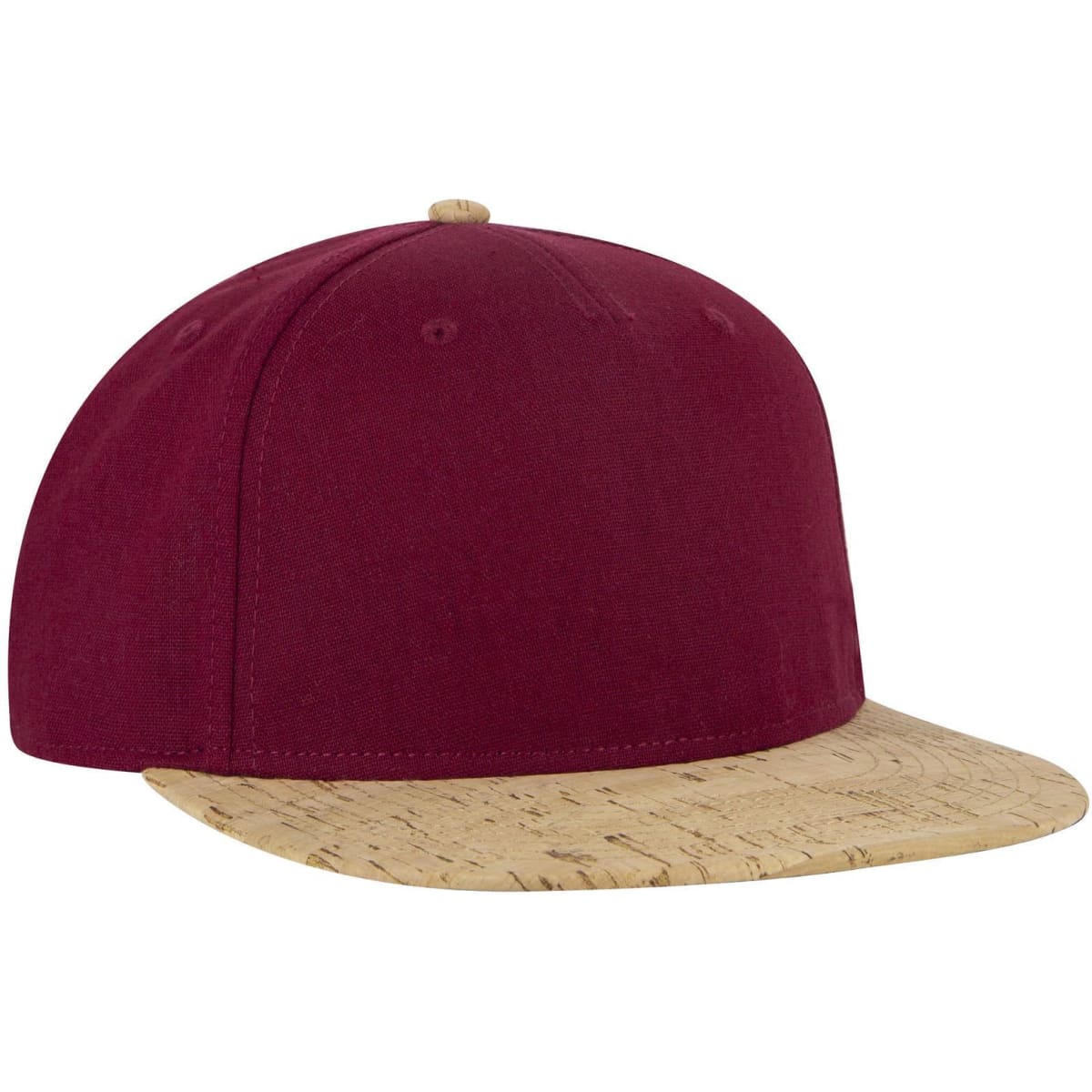 A maroon snapback cap with a cork brim and a logo on the front.