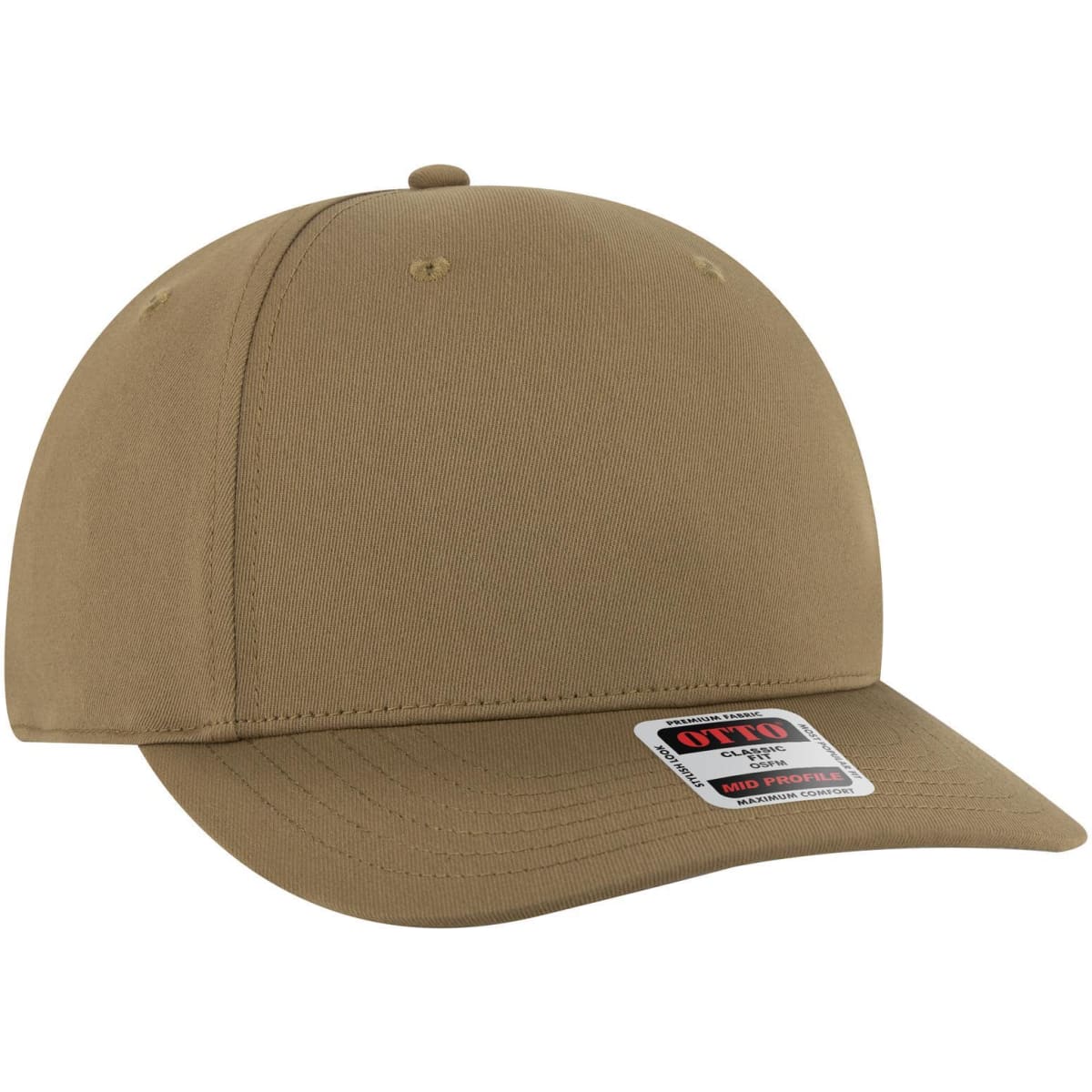 A beige seamless 6 panel mid-profile baseball cap with a curved brim and an attached logo.