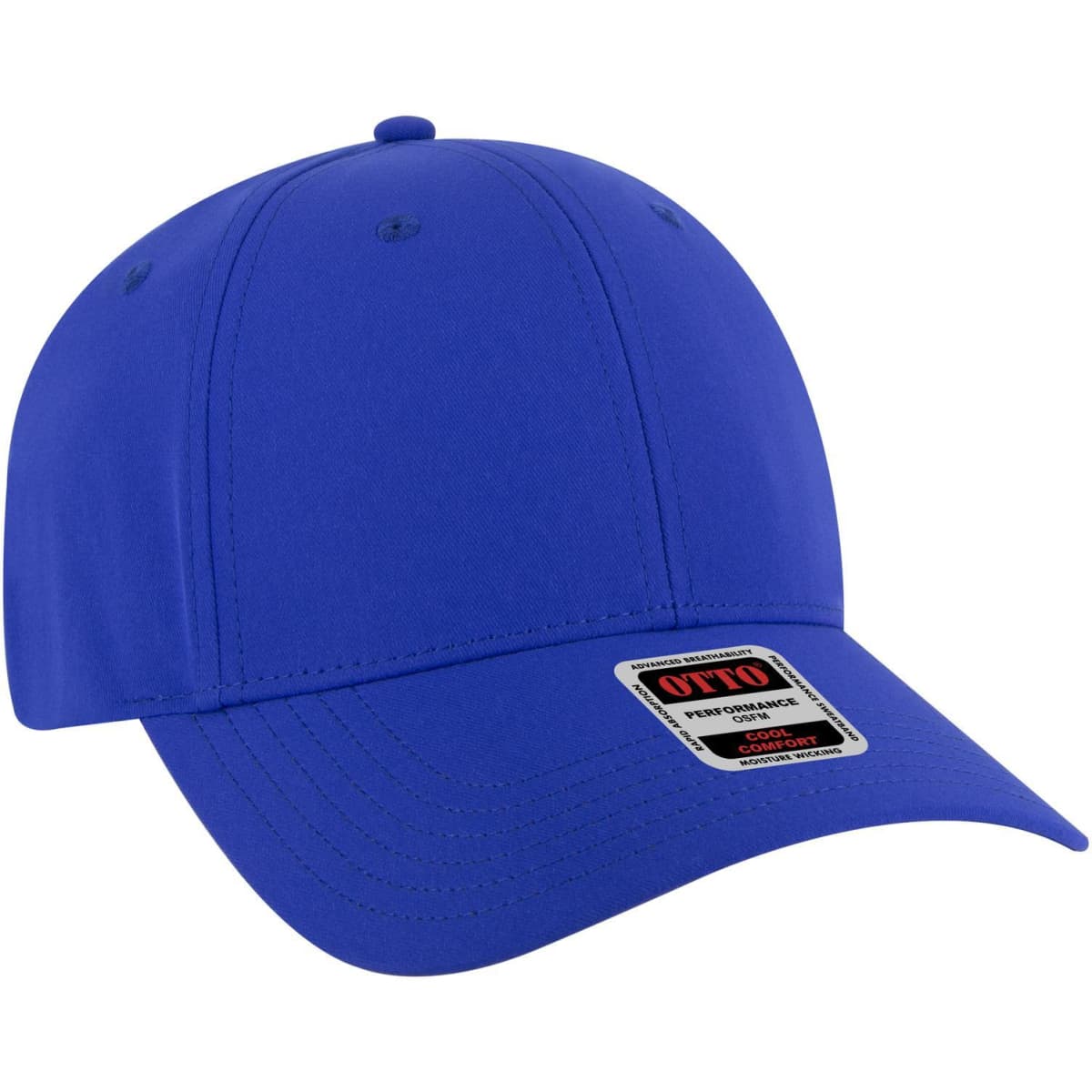 A blue 6 panel low profile style baseball cap with a logo on the front.