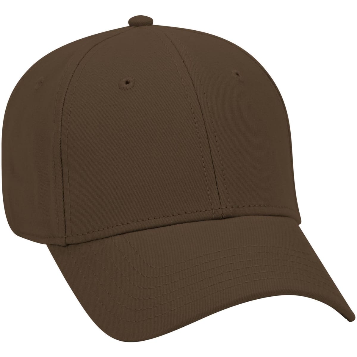 A brown 6 panel low profile baseball cap with a logo on the front and a curved brim.