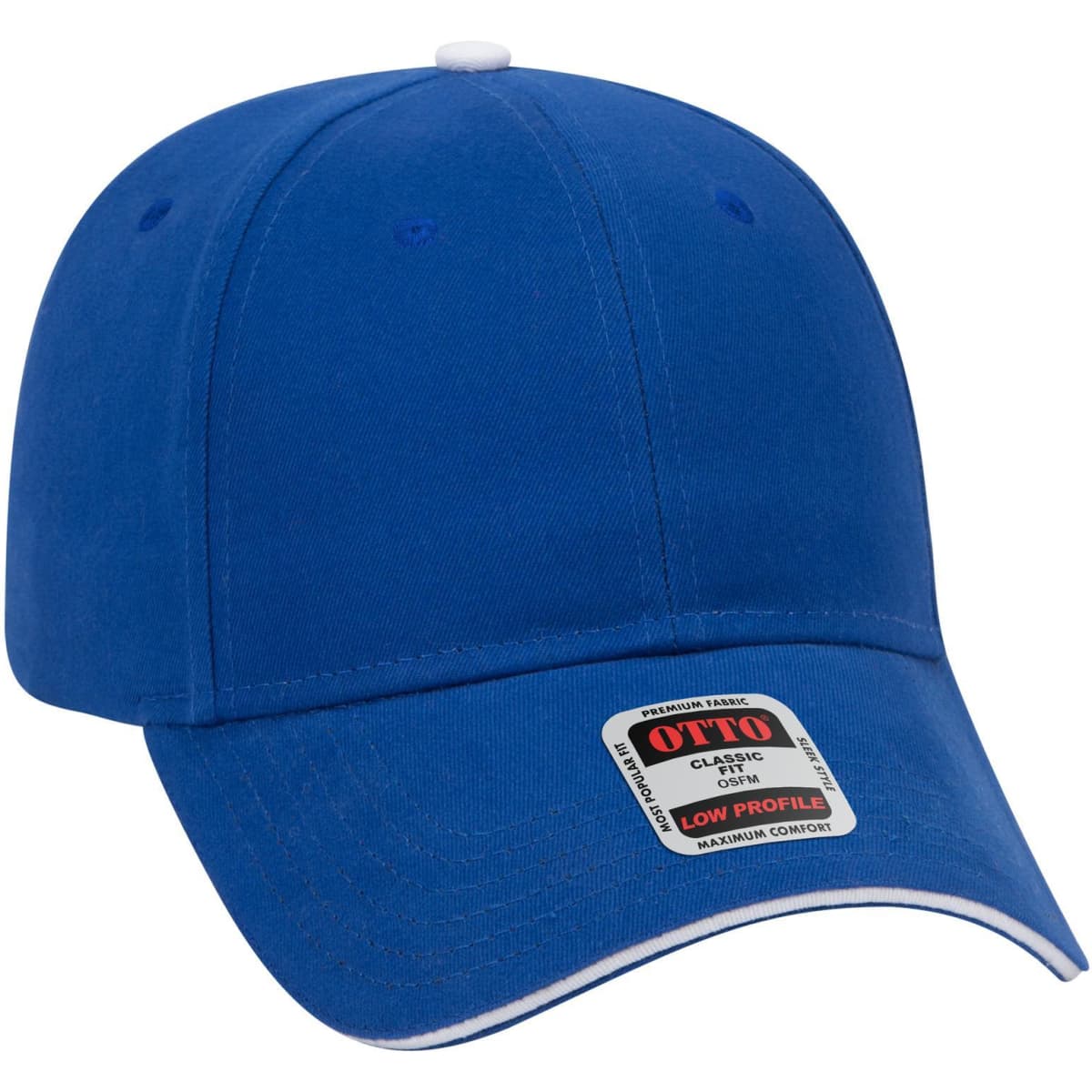 A blue 6 panel low profile baseball cap with a white accent and a logo on the front.